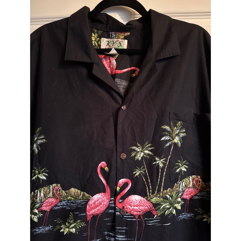 Vacation Tropical Vintage KY'S Made in Hawaii 3XL Black‎ Flamingo Hawaiian Shirt